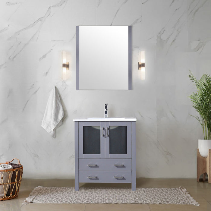 Dark Grey Bath Vanity 30 in. W x 18.25 in. D, White Ceramic Top, Faucet Set, and 28 in. Mirror