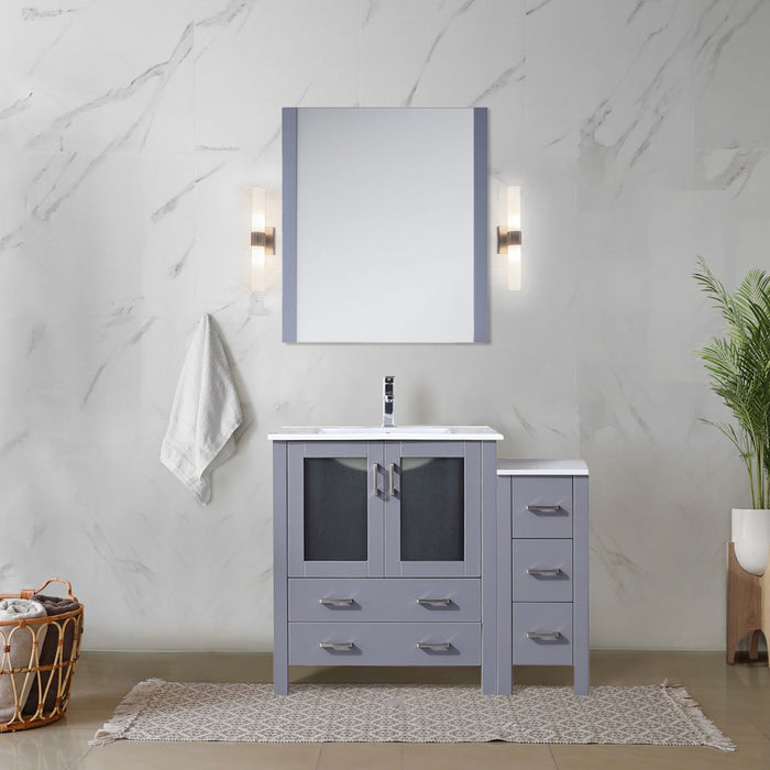 Dark Grey Bath Vanity 42 in. W x 18.25 in. D, with Side Cabinet, Faucet Set, White Ceramic Top, and 28 in. Mirror