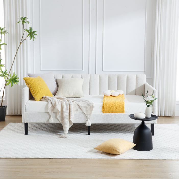 Elena Twin Size Ivory Boucle Upholstered Daybed, Ribbed Tufted Backrest, Daybed in Lavish Modern Design, Richly Hued Foam Comfort
