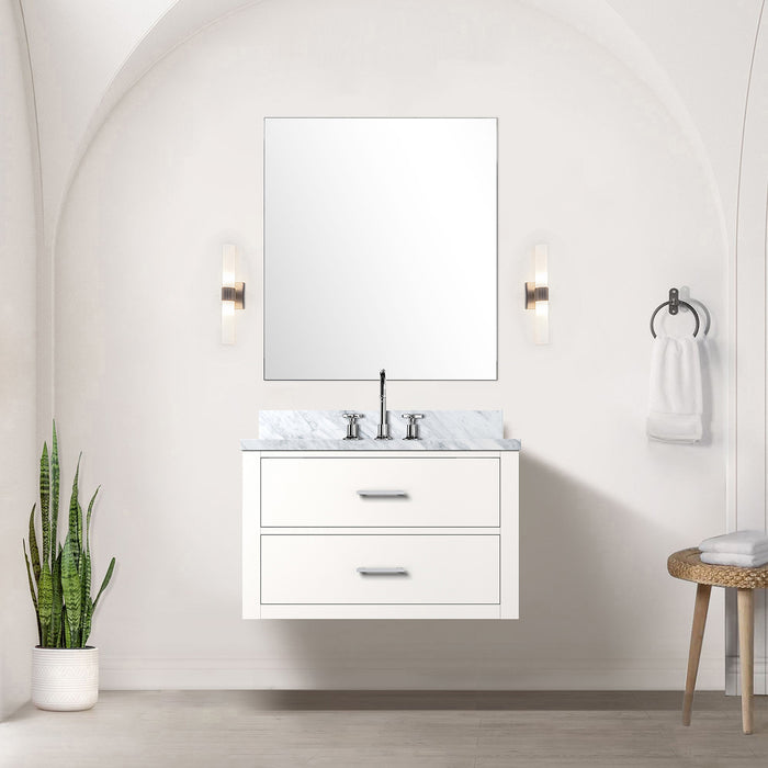 White Single Bath Vanity 30 in. W x 22 in. D, Carrara Marble Countertop and 28 in. Mirror