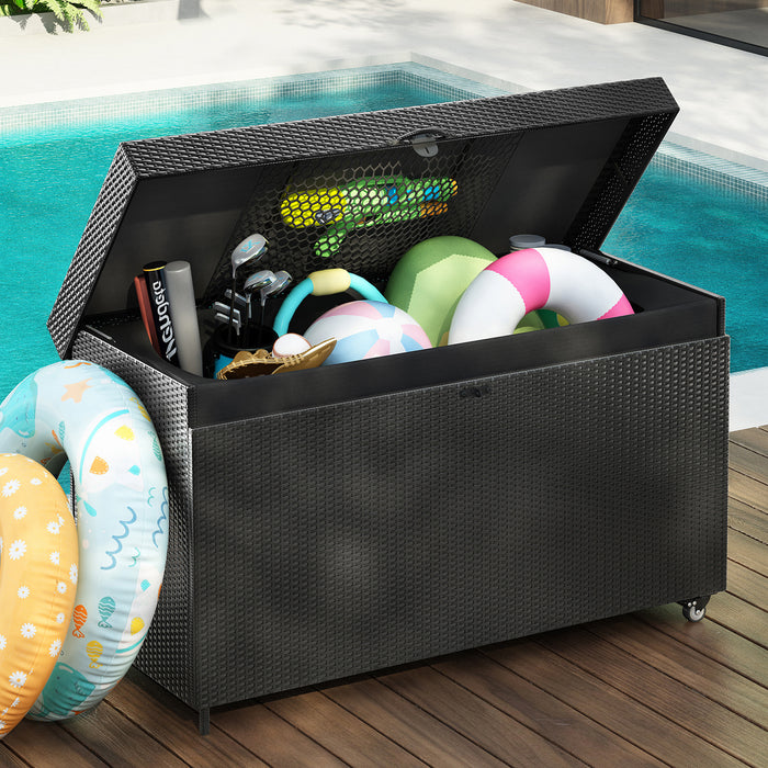 K&K 200 Gallon Wicker Deck Box with Wheels, All-Weather Outdoor Storage Box, Rattan Storage Bin for Patio Furniture, Outdoor Cushions, Pool Storage and Garden Tools - Black