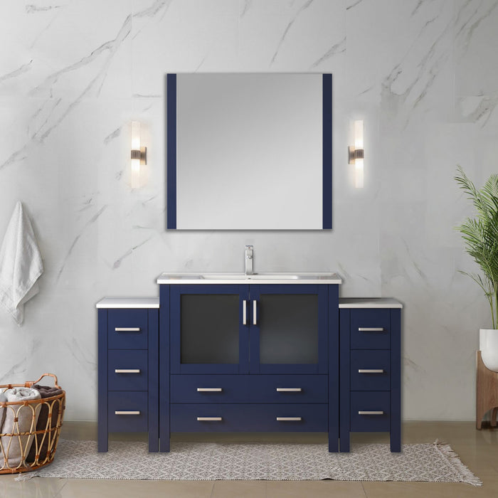 Navy Blue Double Bath Vanity 60 in. W x 18.25 in. D, with Side Cabinet, White Ceramic Top, and 22 in. Mirrors