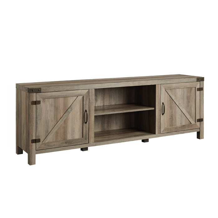 Rustic Farmhouse Double Barn Door 70' TV Stand for 80' TVs with Center Shelves - Grey Wash
