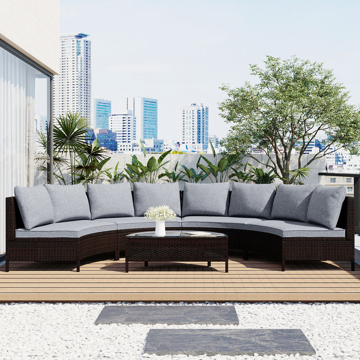 Esmeralda 5 Pieces All-Weather Brown PE Rattan Wicker Sofa Set Outdoor Patio Sectional Set- Half-Moon Sofa Set with Tempered Glass Table