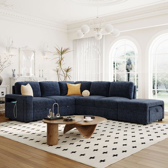 Melrose L-shaped Padded Modular Sofa with Storage Space, USB Ports, and Cup Holders on the Armrests, Suitable for Living Rooms, Offices, and Apartments.