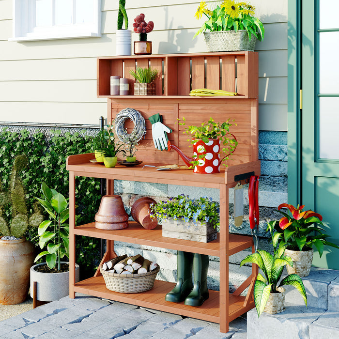 TOPMAX 65' Large Wooden Farmhouse Rustic Outdoor Potting Bench Table, Patio Workstation, Garden Potting Bench with 4 Storage Shelves and Side Hook,Natural