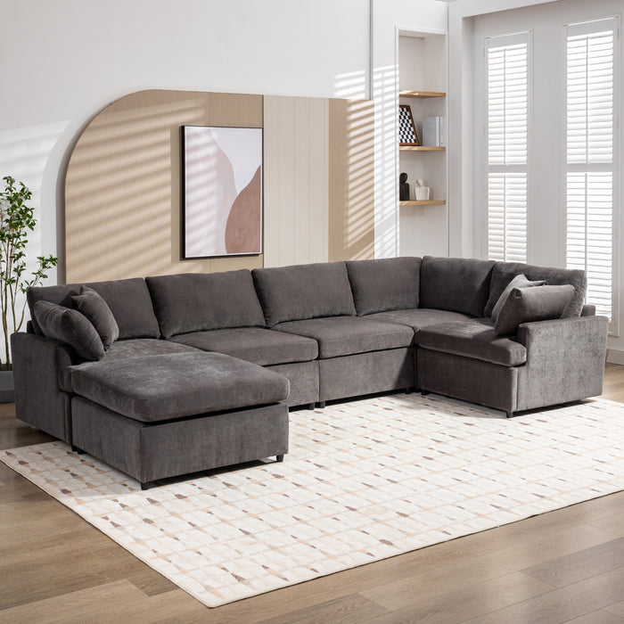 Upholstered Sectional Sofa with Removable Ottoman-Shape 6 Seat Sectional Couch,  for Living Room,,Apartment, Spacious Space