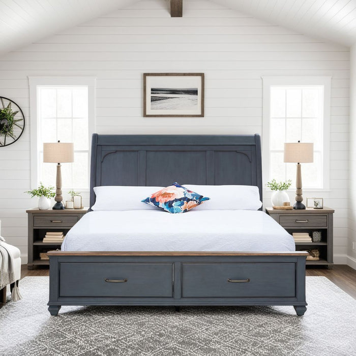 Queen Size Sleigh Bed, Corduroy Blue Finish