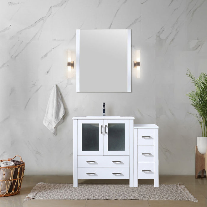 White Single Bath Vanity 42 in. W x 18.25 in. D, with Side Cabinet, and White Ceramic Top