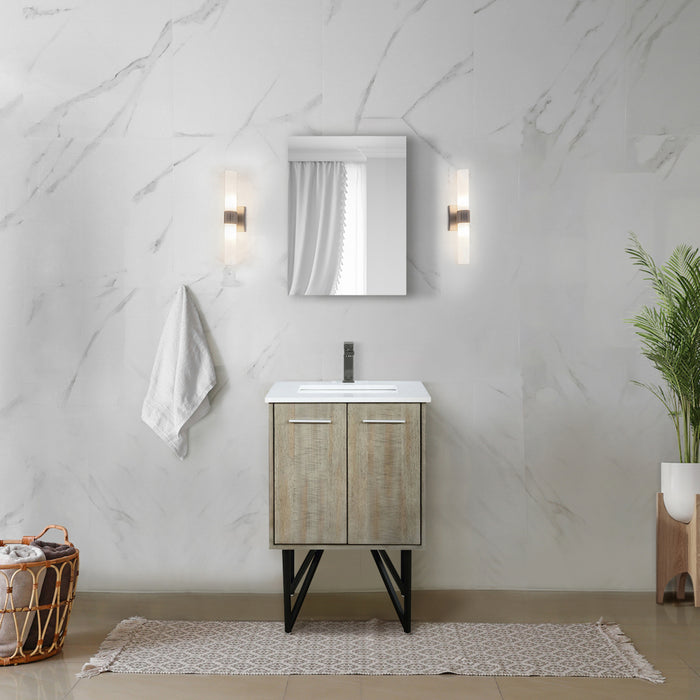 Rustic Acacia Bath Vanity 24 in. W x 20 in. D, Cultured Marble Top, Gun Metal Faucet Set and 18 in. Mirror