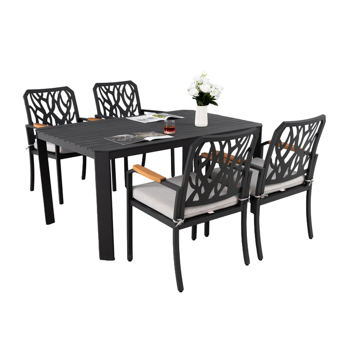 5PCs Outdoor Patio Aluminum Furniture Set, Modern Dining Set with 4 Dining Chairs Sunbrella Fabric Cushioned, Nature-Inspired Branch-Like Backrest, Rectangular Table with Umbrella Hole - Bourbon Brown