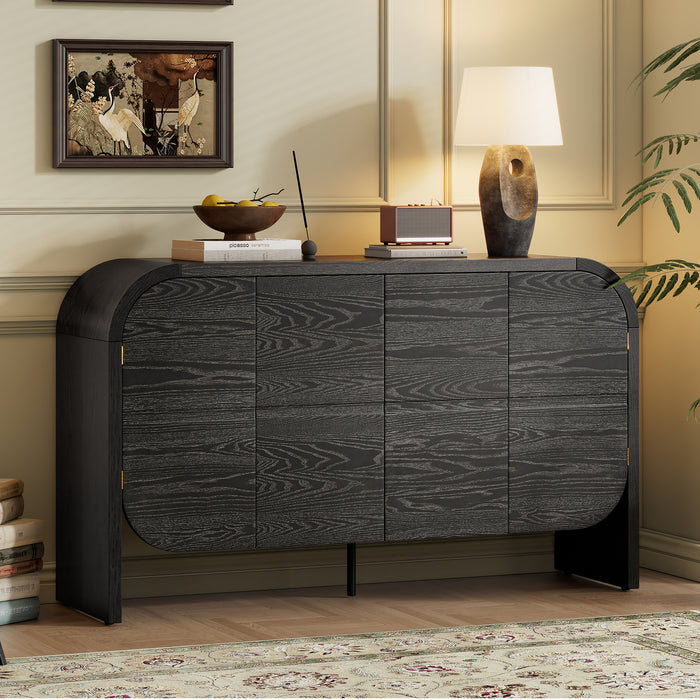 TREXM Buffet Cabinet with Storage, Wood Sideboard Cabinet with Curvy Edge, 4 Doors Retro Credenza Storage Cabinet with Adjustable Shelves for Living Room, Kitchen (Black)