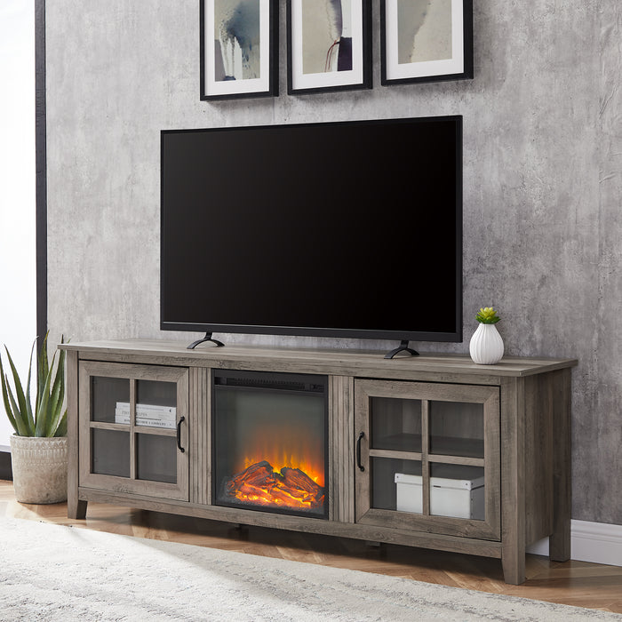 Modern Farmhouse 2-Door Glass Windowpane 70' Fireplace TV Stand for 80' TVs - Grey Wash