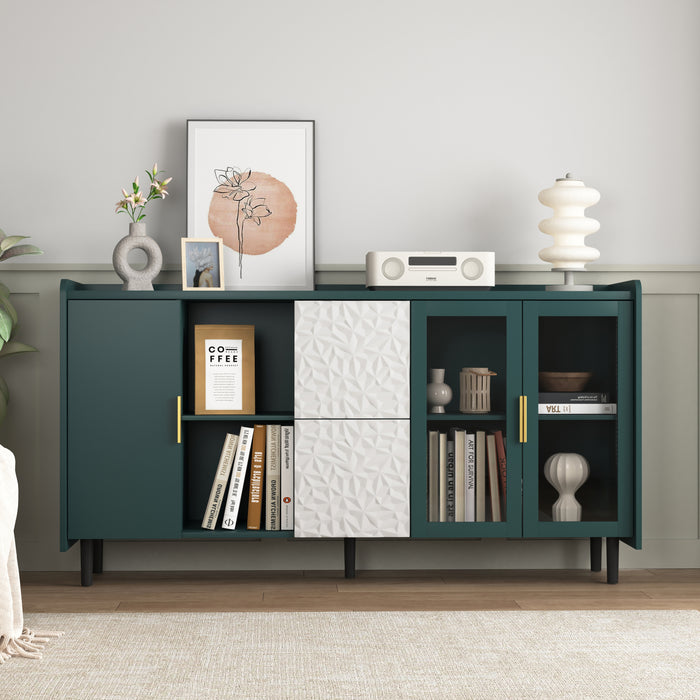 Modern Kitchen Pantry Storage Cabinet , 55' Coffee Bar Storage Cabinet with 2 Drawers, 2 Open Storage Compartment & 2 Glass Doors, Wood Buffet Table for Kitchen, Living Room, Green