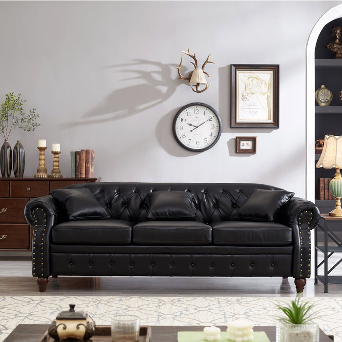 85.8' Living Room Chesterfield Sofa Classic Tufted Design Faux Leather PU Upholstered Sofa with Storage (Black)