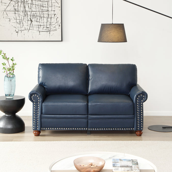 Living Room Sofa Loveseat Round Arm with Silver Nails Couch Navy Blue Faux Leather