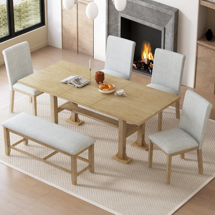 Delio Farmhouse 76inch 6-Piece Extendable Dining Table Set Trestle Kitchen Table Set with 18inch Removable Leaf and Upholstered Dining Chair and Bench for Dining Room, Natural