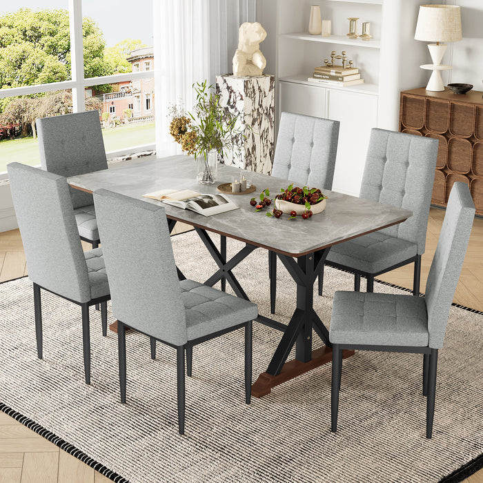 Luna Modern Dining Table for 6-8, 7 Piece Kitchen Dining Table Set, Gray Sintered Stone Dining Table with 6 Upholstered Chairs, 63-inch Rectangle Dining Table for Dining Room