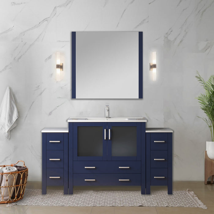 Navy Blue Double Bath Vanity 60 in. W x 18.25 in. D, with Side Cabinet, White Ceramic Top, and Faucet Set