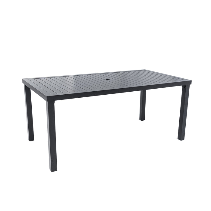 Modern 35.5'x67' Rectangular Outdoor Patio Dining Table with Post-Leg Design, Rust-Free & Weather-Resistant, Adjustable Foot Pads, Umbrella Hole with Matching Cover, Ember Black Finish, Durable