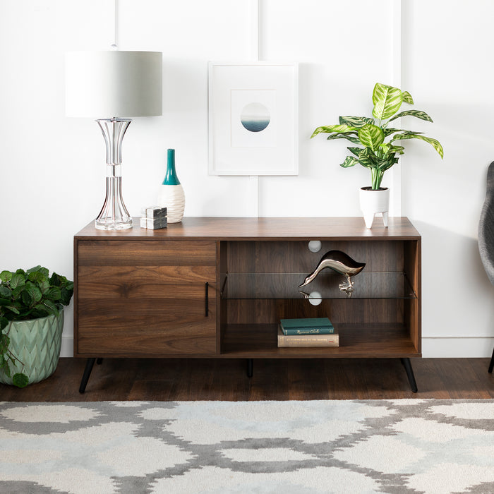Contemporary Metal and Wood Glass-Shelf TV Stand for TVs up to 58 - Dark Walnut