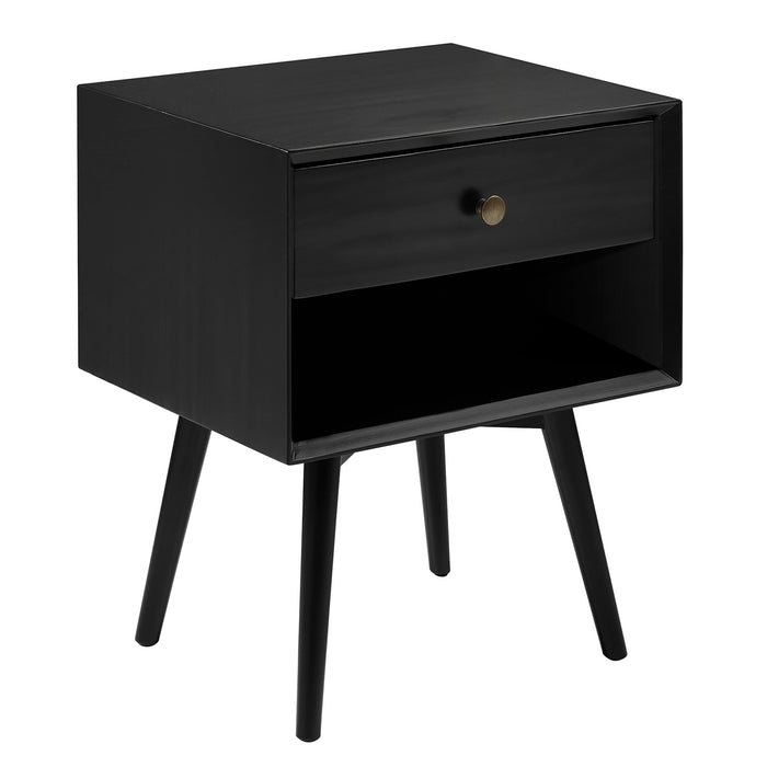 Mid-Century Modern Single-Drawer Solid Wood Nightstand - Black