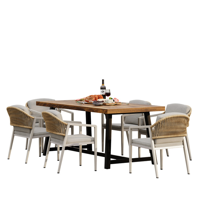 Outdoor Dining Set - Acacia Wood Table with 6 Gray and Natural PE Rattan Iron Chairs