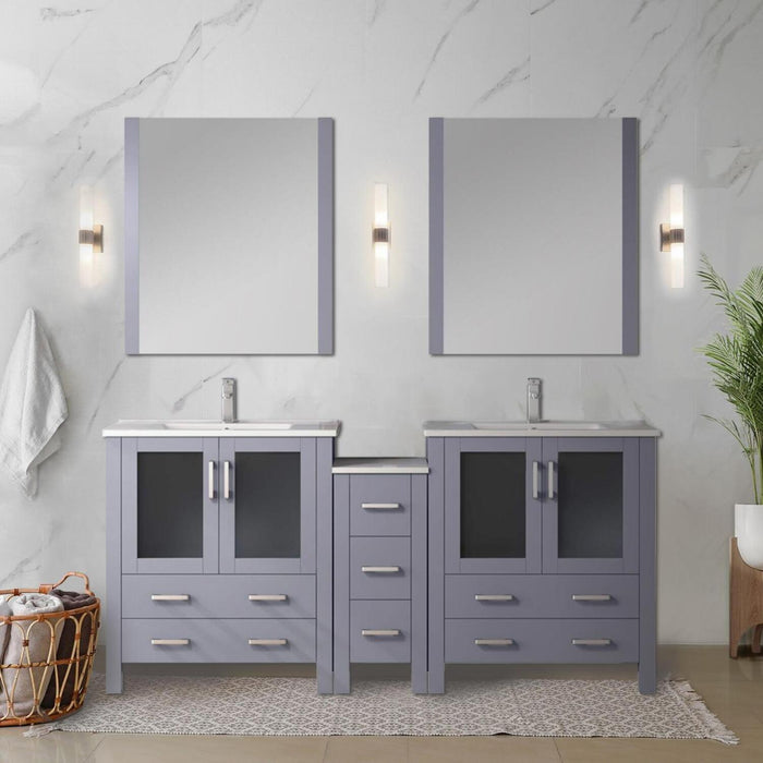 Dark Grey Double Bath Vanity 72 in. W x 18.25 in. D, with Side Cabinets, White Ceramic Top, and 28 in. Mirrors