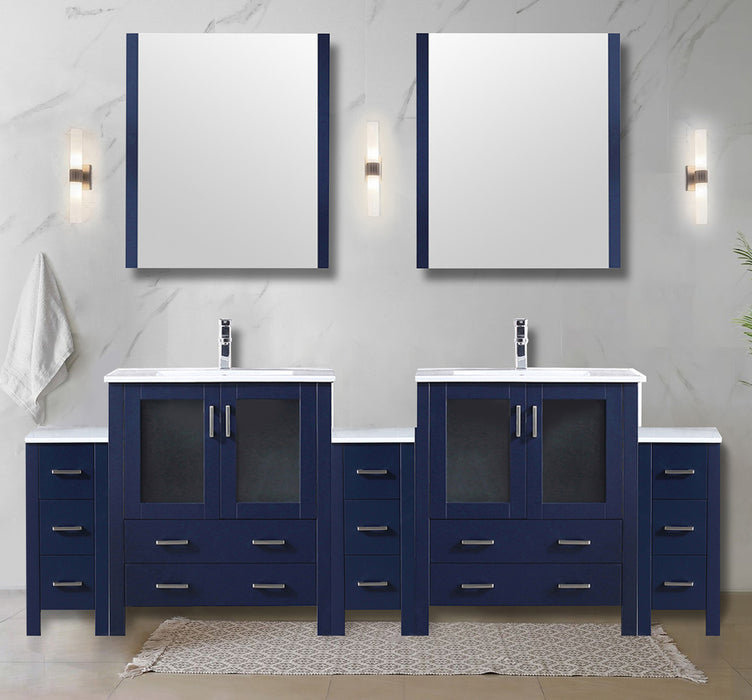 Navy Blue Double Bath Vanity 96 in. W x 18.25 in. D, with Side Cabinets, White Ceramic Top, 28 in. Mirrors, and Faucet Set