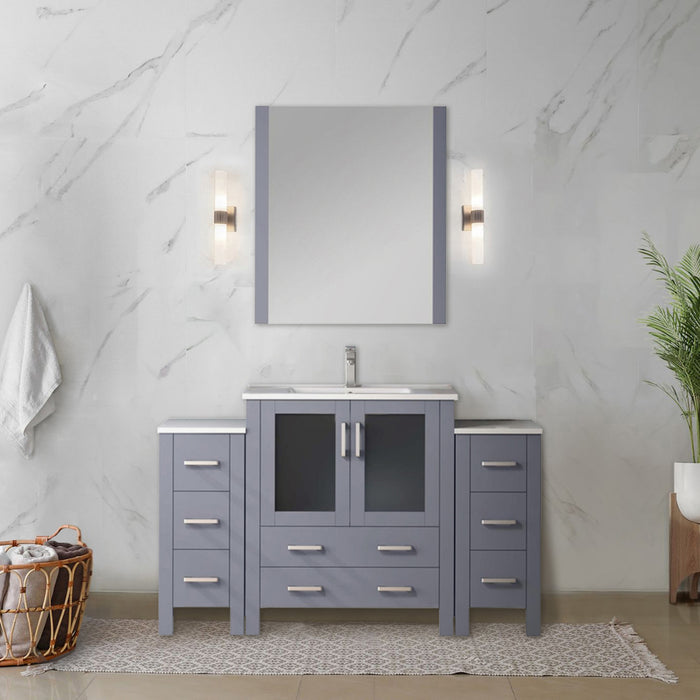Dark Grey Single Bath Vanity 54 in. W x 18.25 in. D, with Side Cabinets, White Ceramic Top, and 28 in. Mirror