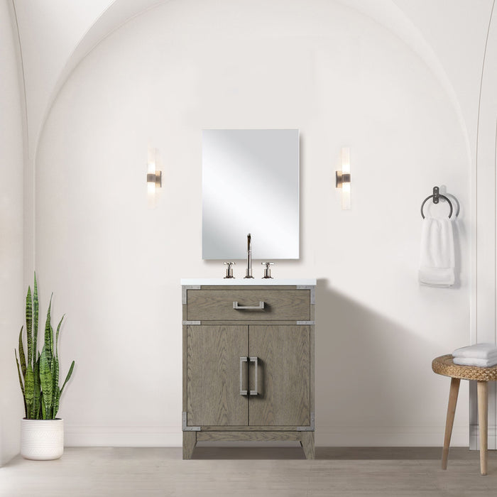 Grey Oak Single Bath Vanity 24 in. W x 18 in. D, Acrylic Countertop, 18 in. Mirror and Faucet Set