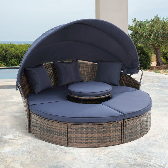 Rattan Round Lounge With Canopy Bali Canopy Bed Outdoor, Wicker Outdoor Sofa Bed with lift coffee table