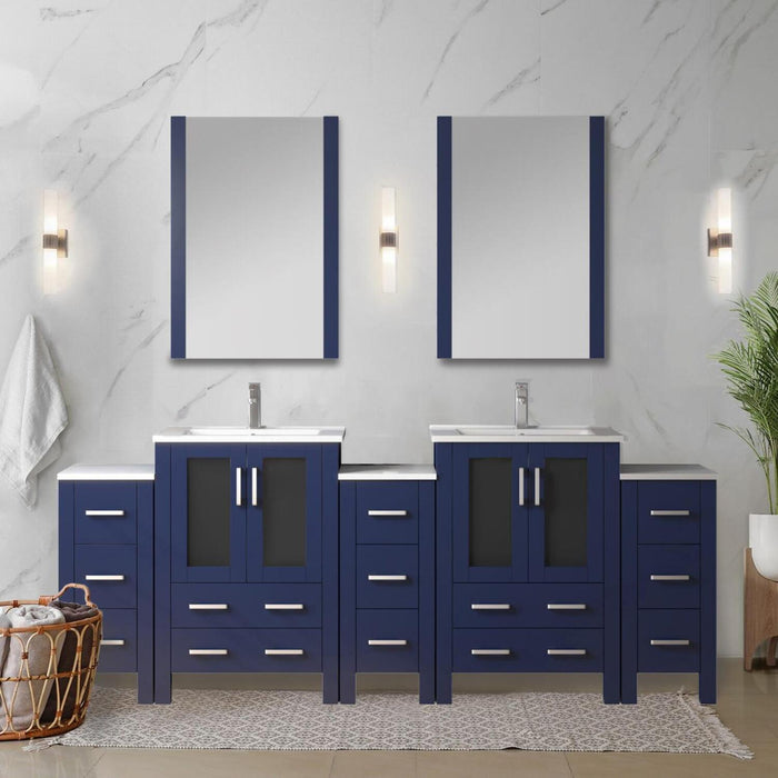 Navy Blue Double Bath Vanity 84 in. W x 18.25 in. D, with Side Cabinets, Faucet Set, White Ceramic Top, and 22 in. Mirrors