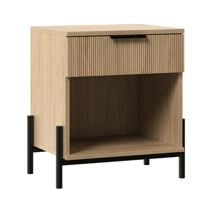 Modern Fluted-Drawer Nightstand with Open Cubby – Coastal Oak