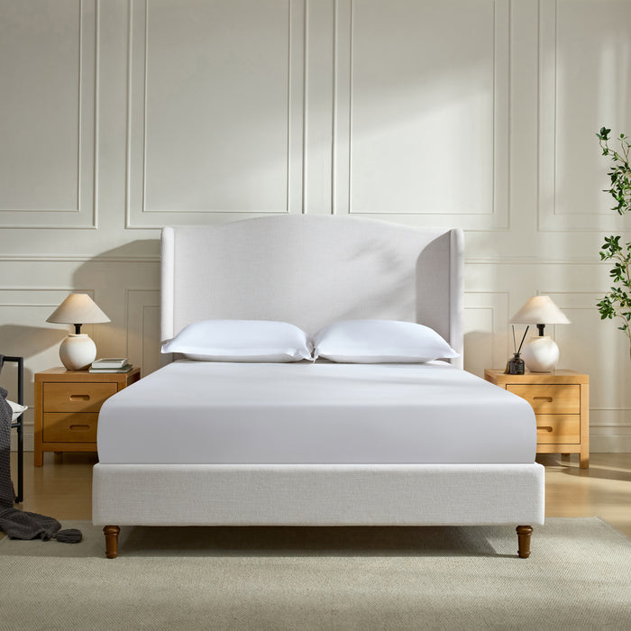 Hannah Upholstered Wingback Bed Size Queen / Tall 54' Headboard Upholstered Queen Bed / Premium Textured Canvas Chenille Look Ivory / Minimalist Designs / No Box Spring Needed / Easy Assembly / Queen