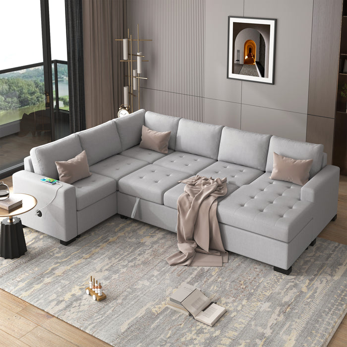 U_Style Grey Sleeper Sectional with USB and Type-C ports