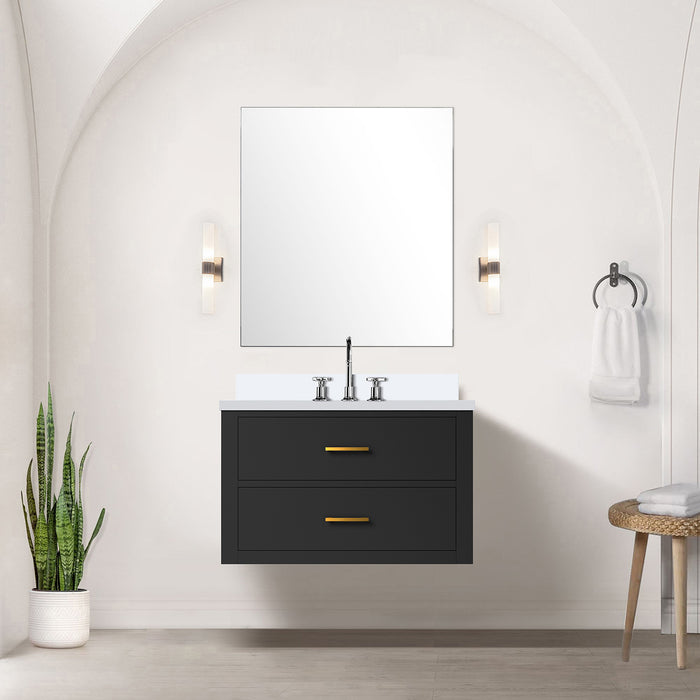 Black Single Bath Vanity 30 in. W x 22 in. D, Cultured Marble Countertop, 28 in. Mirror and Faucet Set