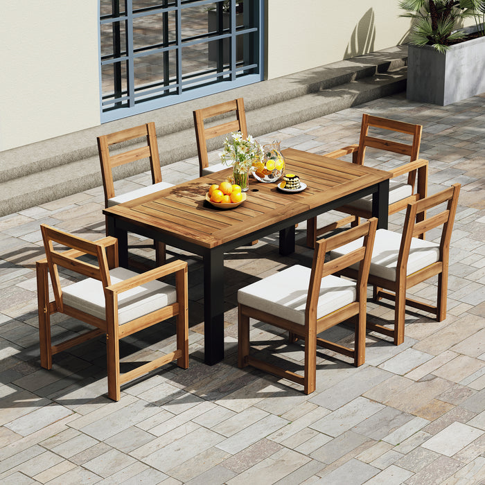TREXM 7 Piece Patio Table and Chairs Set, Wood Dining Table Set for 6 with Umbrella Hole, 2 Armchairs & 4 Side Chairs, Outdoor Patio Furniture Set for Garden, Backyard, Poolside (Light Teak+Beige)