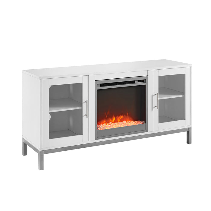 Contemporary Metal and Wood Glass-Door Fireplace TV Stand for TVs up to 58 - White