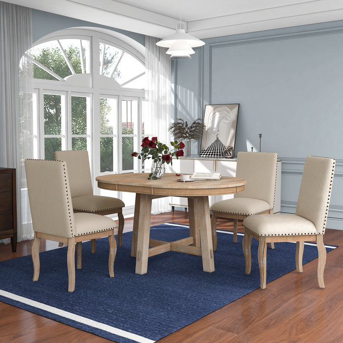 Elera 5-Piece Farmhouse Dining Table Set Wood Round Extendable Dining Table and 4 Upholstered Dining Chairs (Natural Wood Wash)