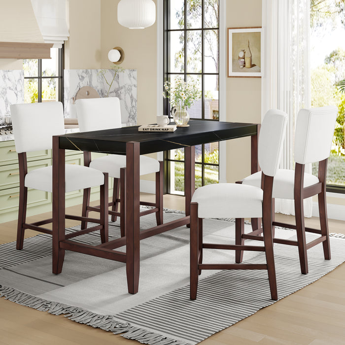 5-Piece Counter Height Dining Table Set, Faux Marble Bar Table and 4 Upholstered-Seat Chairs, Mid-century Modern Dining Set for Dining Room, Pub Kitchen, Small Place