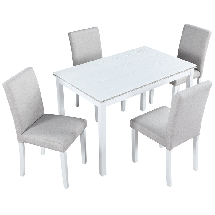 5-Piece Wooden Dining Table Set with Rectangular Table and 4 Upholstered Chairs – White Dining Room Set with Crystal Decoration for Kitchen or Dining Room