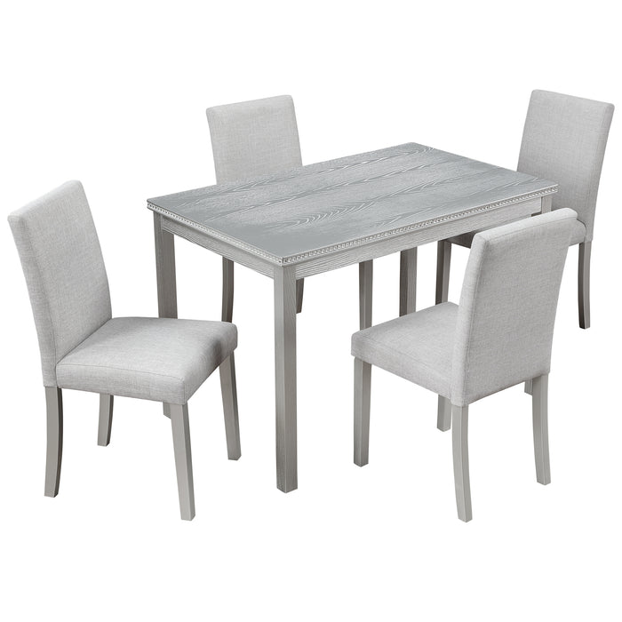 5 Piece Wooden Dining Table Set, Kitchen Table Set with a Rectangular Table and 4 Upholstered Chairs, Wooden Dining Room Table with Crystal Decoration and Chairs Set, Silver grey
