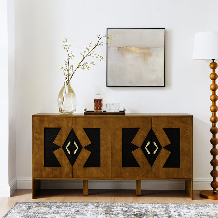 60' Mid Century Modern Sideboard Buffet Cabinet with Storage, TV Media Console, Storage Cabinet with Geometric Pattern & Adjustable Shelves for Kitchen Dining Living Room Entryway Hallway, Walnut