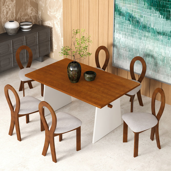 TOPMAX Modern 7-Piece Dining Table Set with Trestle Dining Table and 6 Upholstered Dining Chairs, Compact Kitchen Table Set for 6, Brown