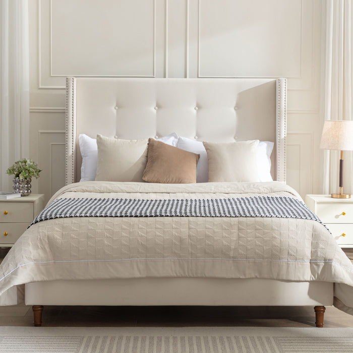 Peyton Upholstered Queen Bed / 54' High Headboard / Traditional Hand Buttoned Tufting / Nailhead Trim Wingback / No Box Spring Needed / Easy Assembly / Ivory Velvet