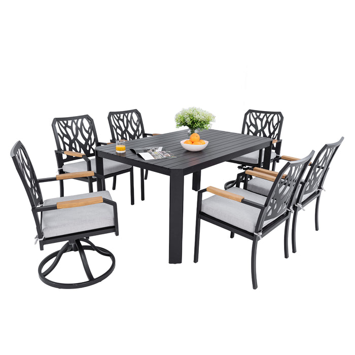 7-PC Outdoor Patio Aluminum Furniture Set, with 4 Dining Chairs & 2 Swivel Rockers Sunbrella Fabric Cushioned, Nature-Inspired Branch-Like Backrest, Rectangular Table with Umbrella Hole, Bourbon Brown