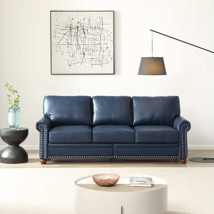 Classic Living Room Round Arm with Silver Nails Sofa Navy Blue Faux Leather