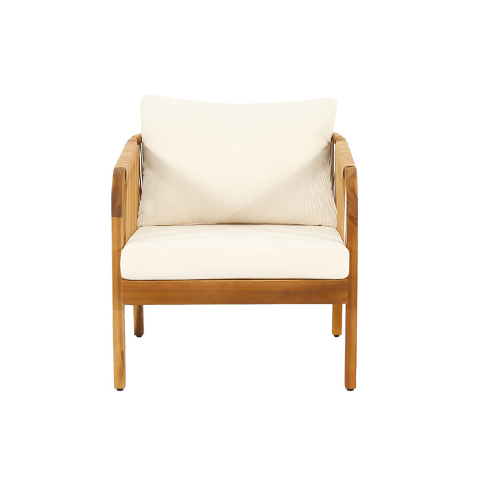 Acacia Wood and Wicker Outdoor Club Chair, Deep Seating with Soft Cushion, Porch Chairs for Garden, Backyard Porch Balcony, Brown & Beige