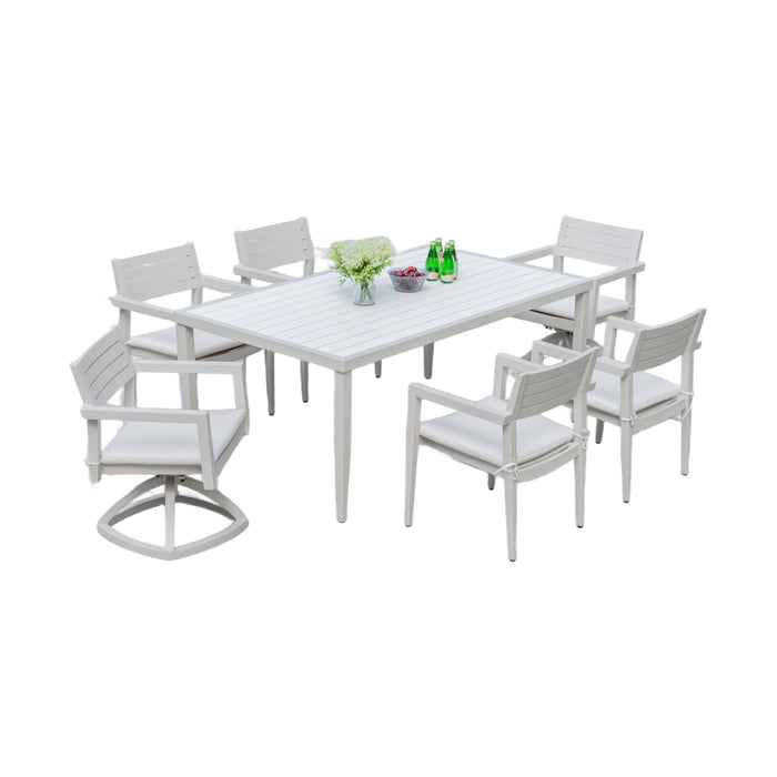 7PC Patio Aluminum Furniture, Modern Dining Set including 4 Dining Chairs & 2 Swivel Rockers Sunbrella Fabric Cushioned and Two-tone Table Top Rectangle Table with Umbrella Hole, Matte White + Grayish